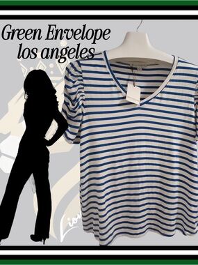 XL Green Envelope - los angeles White & Royal Blue V-Neck, Puff Sleeve Top